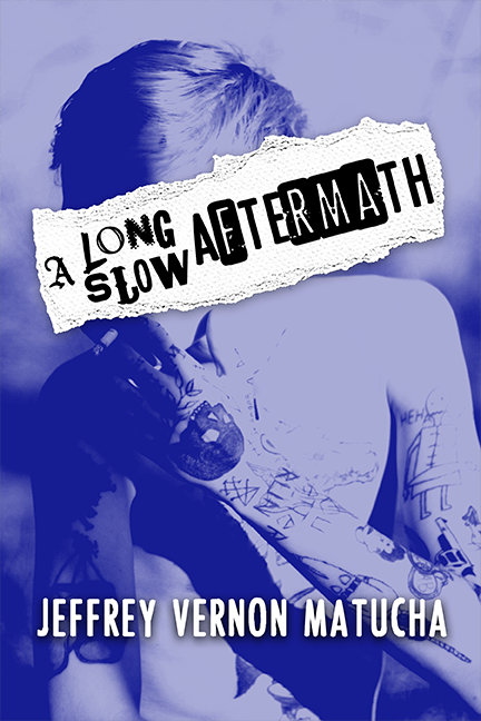 A Long Slow Aftermath cover: A blue-scale photograph of a tattooed person with their head in their hands. The title looks like it was torn off a band poster and covers the person's face.