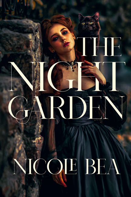 The Night Garden by Nicole Bea. A girl in a fancy dress leaning against a wall holding a cat.